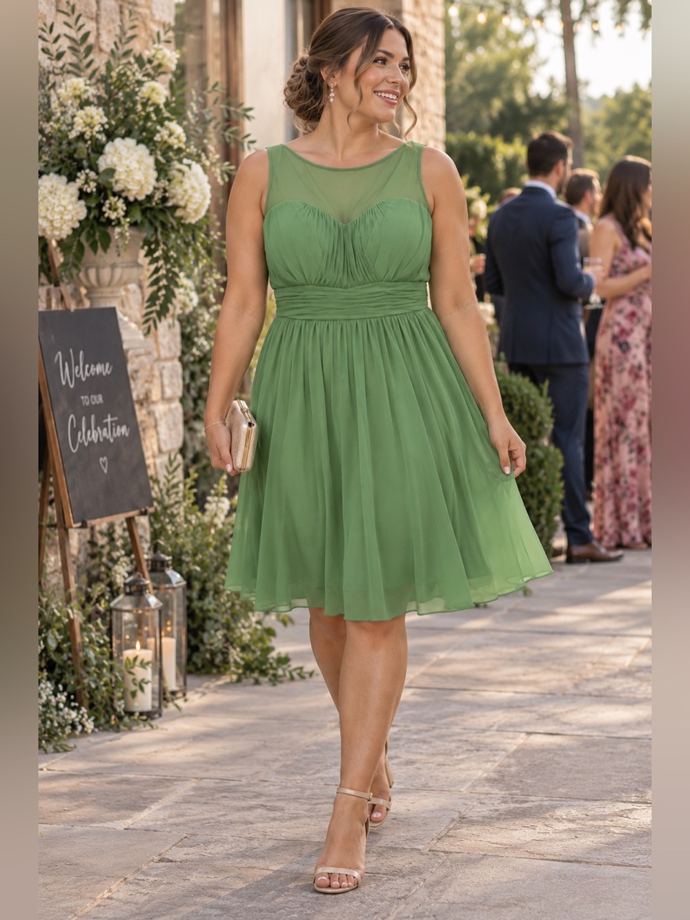 David’s Bridal Sage Green Chiffon Illusion Neck Bridesmaid Dress Size 18 A-Line